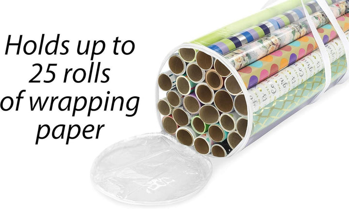 Geschenkpapier Organizer | Transparente Aufbewahrungstasche für bis zu 25 Geschenkpapierrollen mit Reißverschluss und Tragegriffen