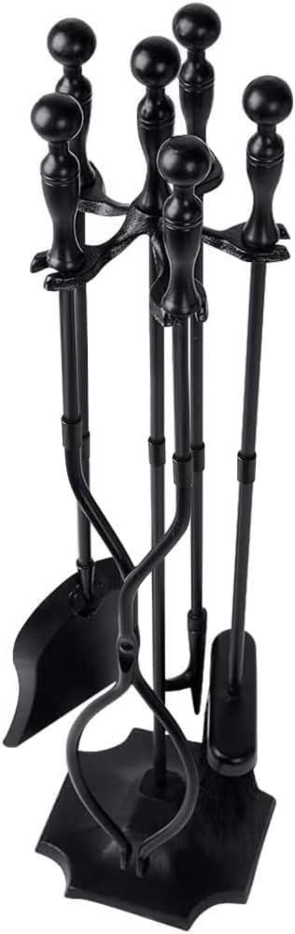 Kaminbesteck Set 5-teilig | Schmiedeeisernes Kaminzubehör mit Feuerzange, Schaufel, Bürste, Schürhaken und Ständer für Kamin und Ofen