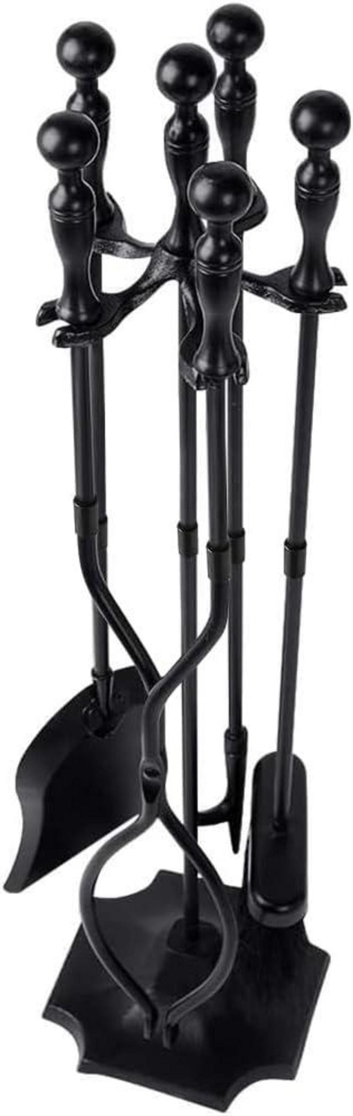 Kaminbesteck Set 5-teilig | Schmiedeeisernes Kaminzubehör mit Feuerzange, Schaufel, Bürste, Schürhaken und Ständer für Kamin und Ofen