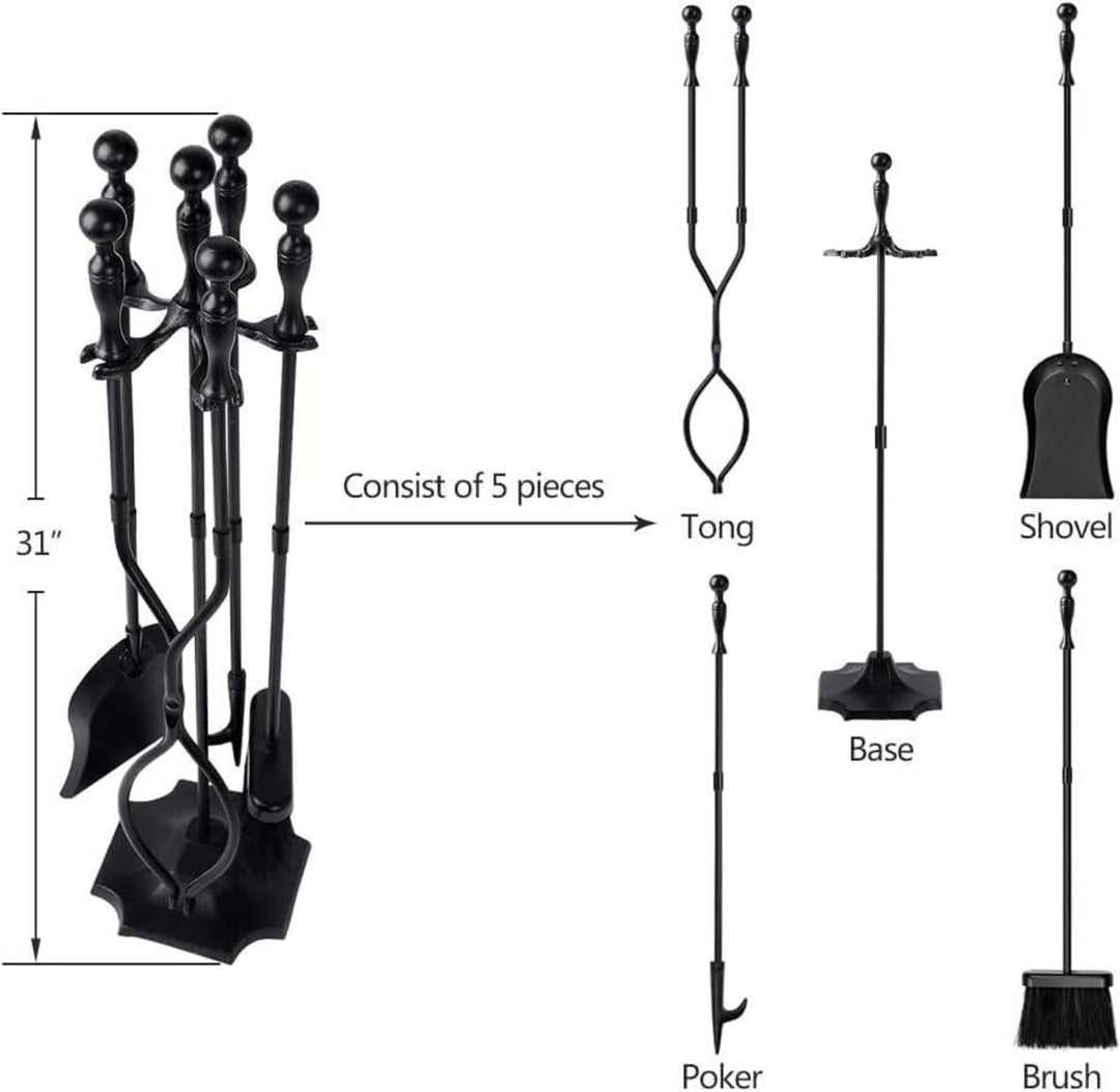 Kaminbesteck Set 5-teilig | Schmiedeeisernes Kaminzubehör mit Feuerzange, Schaufel, Bürste, Schürhaken und Ständer für Kamin und Ofen
