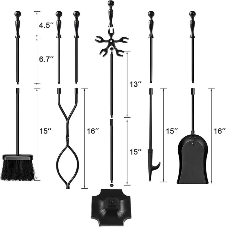 Kaminbesteck Set 5-teilig | Schmiedeeisernes Kaminzubehör mit Feuerzange, Schaufel, Bürste, Schürhaken und Ständer für Kamin und Ofen