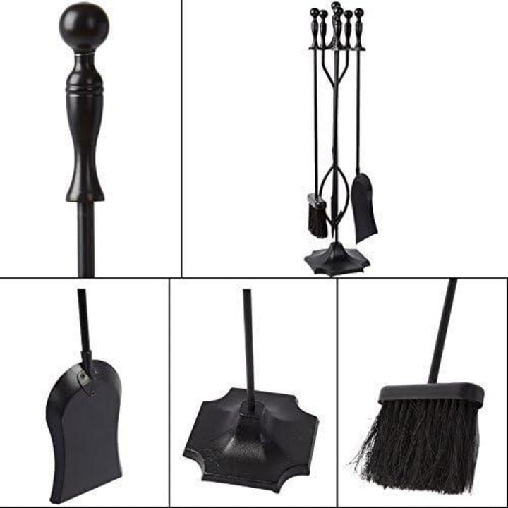 Kaminbesteck Set 5-teilig | Schmiedeeisernes Kaminzubehör mit Feuerzange, Schaufel, Bürste, Schürhaken und Ständer für Kamin und Ofen