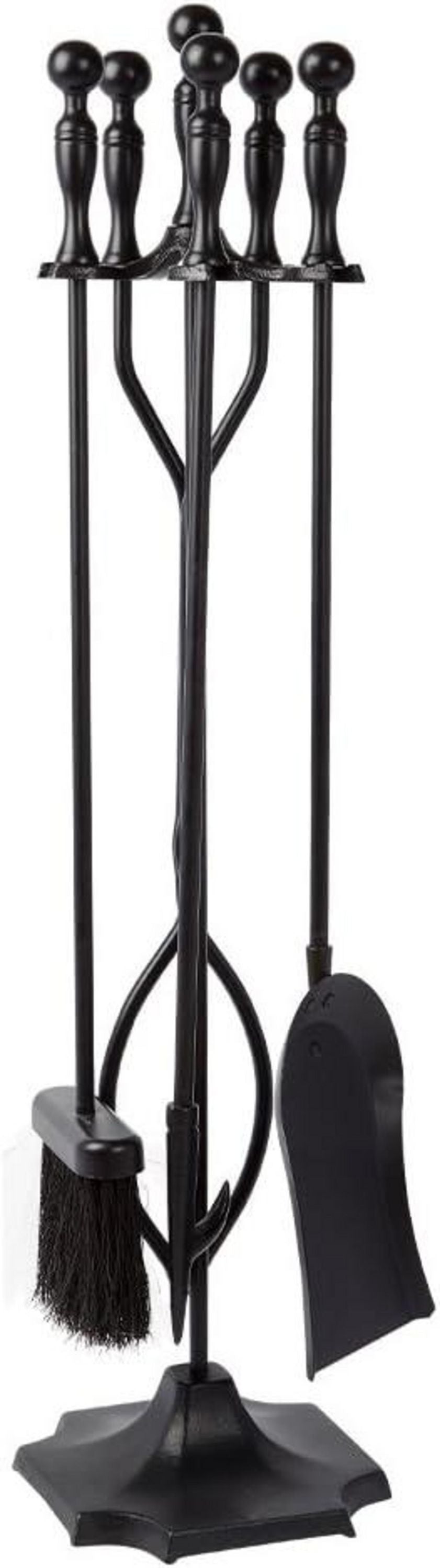 Kaminbesteck Set 5-teilig | Schmiedeeisernes Kaminzubehör mit Feuerzange, Schaufel, Bürste, Schürhaken und Ständer für Kamin und Ofen