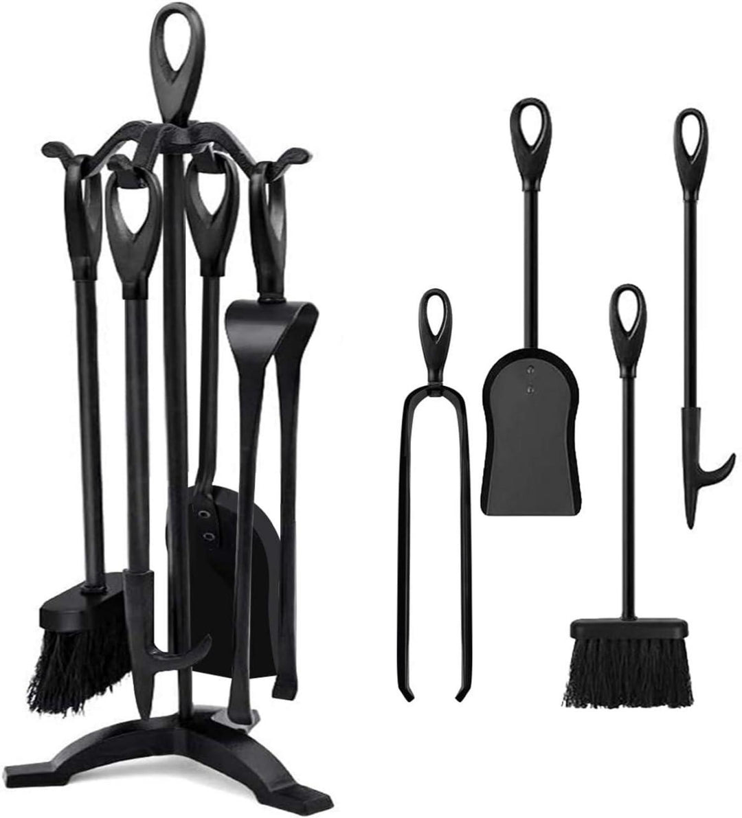 Kaminbesteck Set 5-teilig | Kaminzubehör mit Feuerzange, Schaufel, Bürste, Schürhaken und stabilem Ständer für Kamin und Ofen