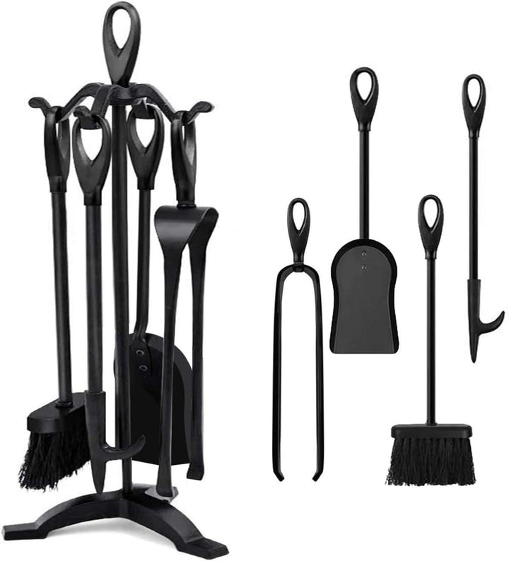 Kaminbesteck Set 5-teilig | Kaminzubehör mit Feuerzange, Schaufel, Bürste, Schürhaken und stabilem Ständer für Kamin und Ofen