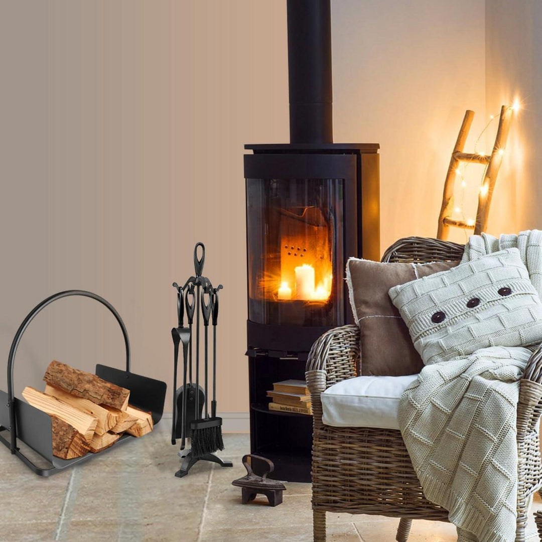 Kaminbesteck Set 5-teilig | Kaminzubehör mit Feuerzange, Schaufel, Bürste, Schürhaken und stabilem Ständer für Kamin und Ofen