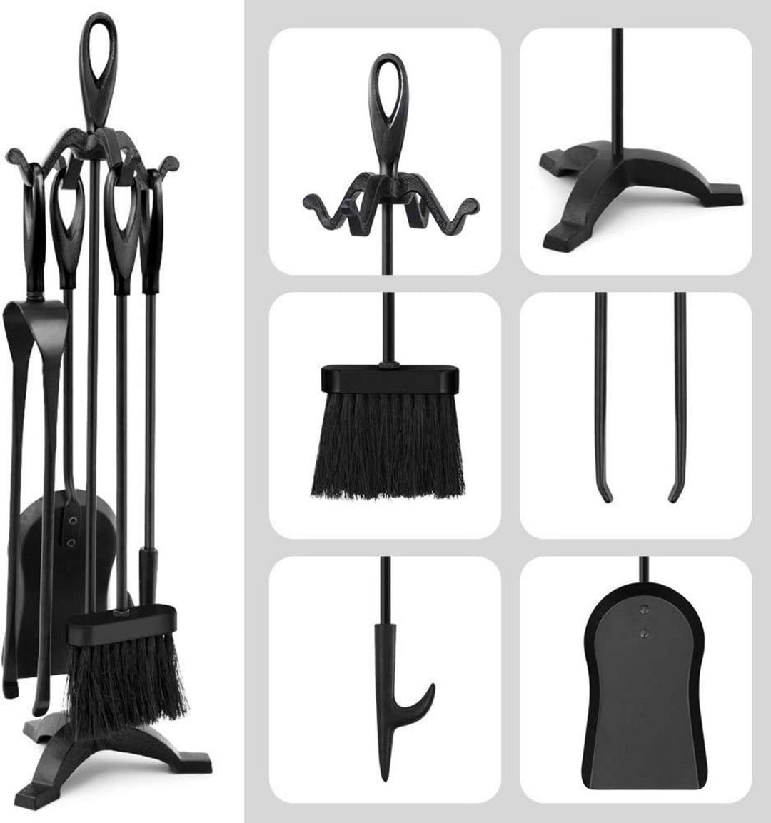 Kaminbesteck Set 5-teilig | Kaminzubehör mit Feuerzange, Schaufel, Bürste, Schürhaken und stabilem Ständer für Kamin und Ofen