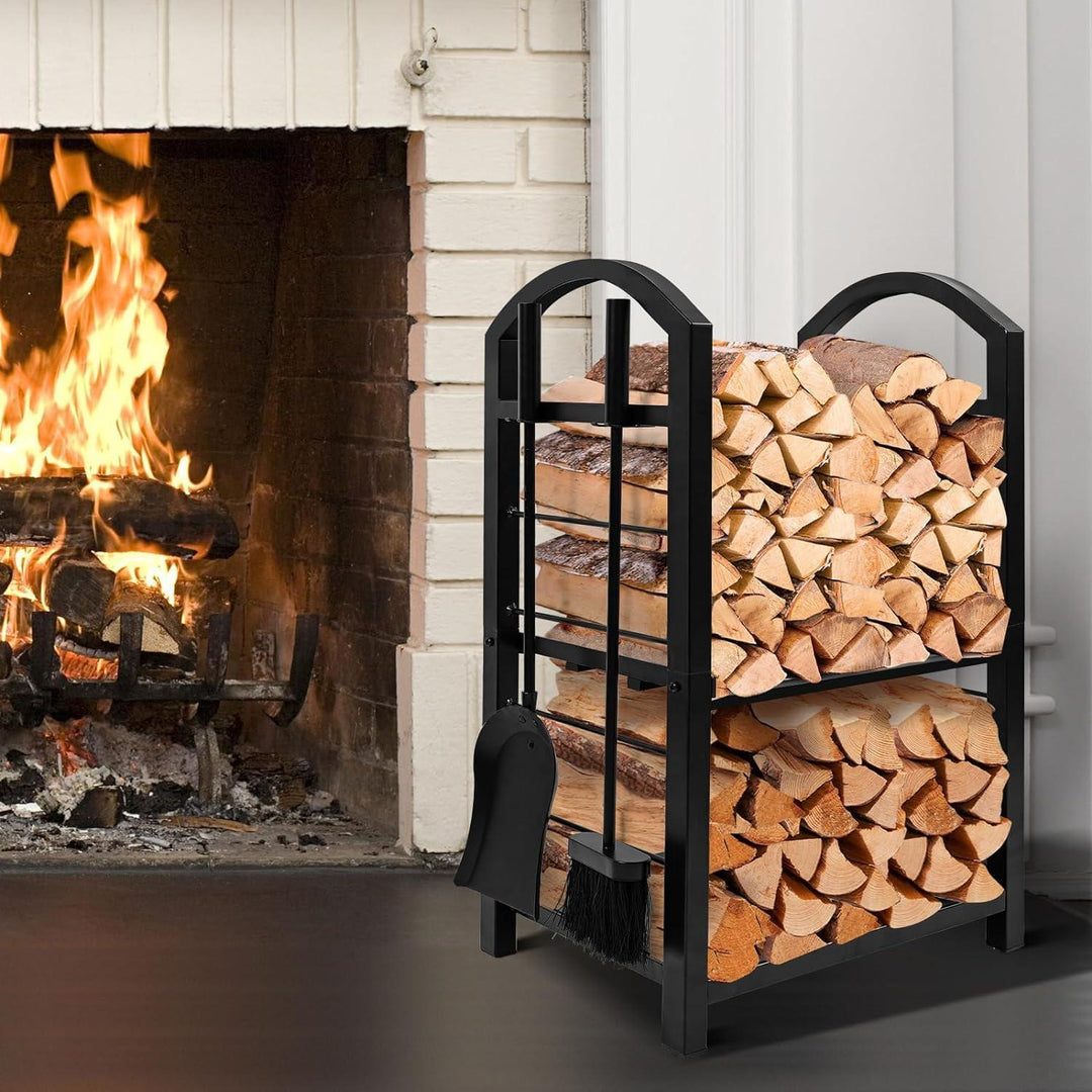 Kaminholzregal aus Stahl 74 x 40 x 30 cm mit Kaminbesteck | Schwarz, pulverbeschichtet, 4 Kaminwerkzeuge für innen und außen