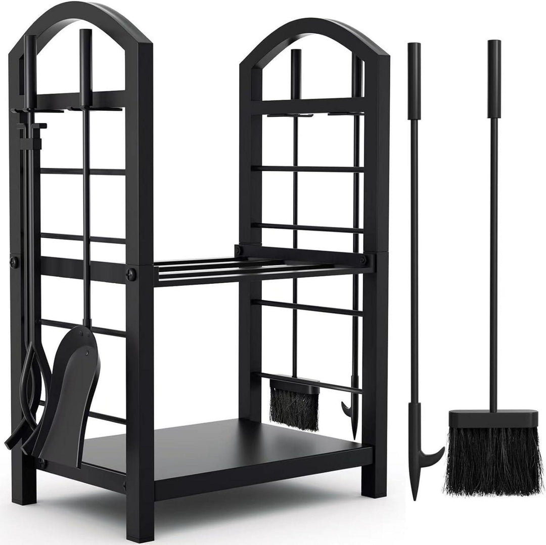 Kaminholzregal aus Stahl 74 x 40 x 30 cm mit Kaminbesteck | Schwarz, pulverbeschichtet, 4 Kaminwerkzeuge für innen und außen