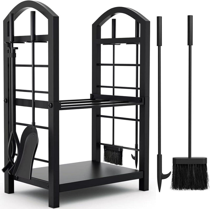 Kaminholzregal aus Stahl 74 x 40 x 30 cm mit Kaminbesteck | Schwarz, pulverbeschichtet, 4 Kaminwerkzeuge für innen und außen