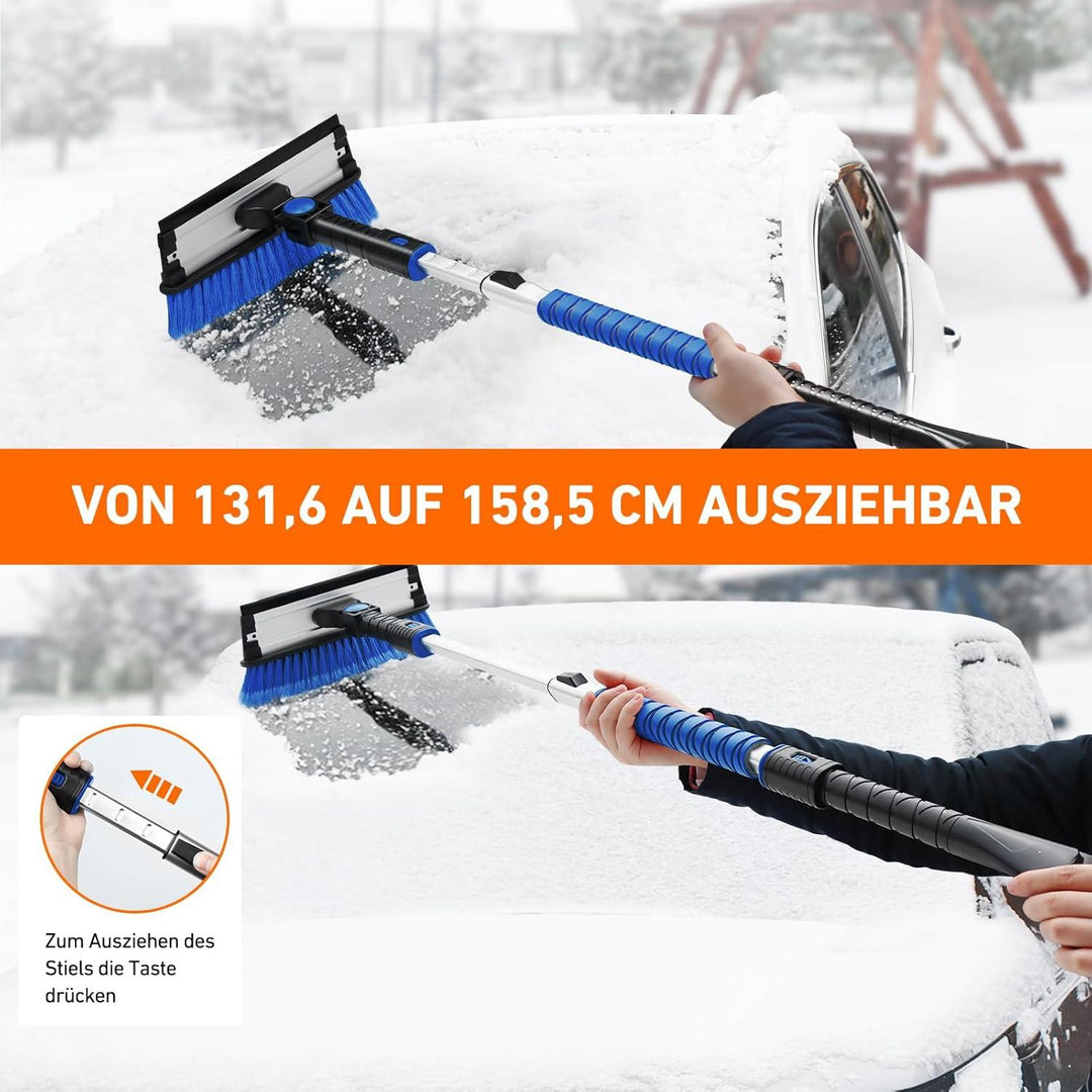 Eiskratzer Auto ausziehbar bis 119,9 cm mit Schneebesen | 3-in-1 Schneebürste mit 180° Drehkopf, Silikonabzieher und EVA-Griff