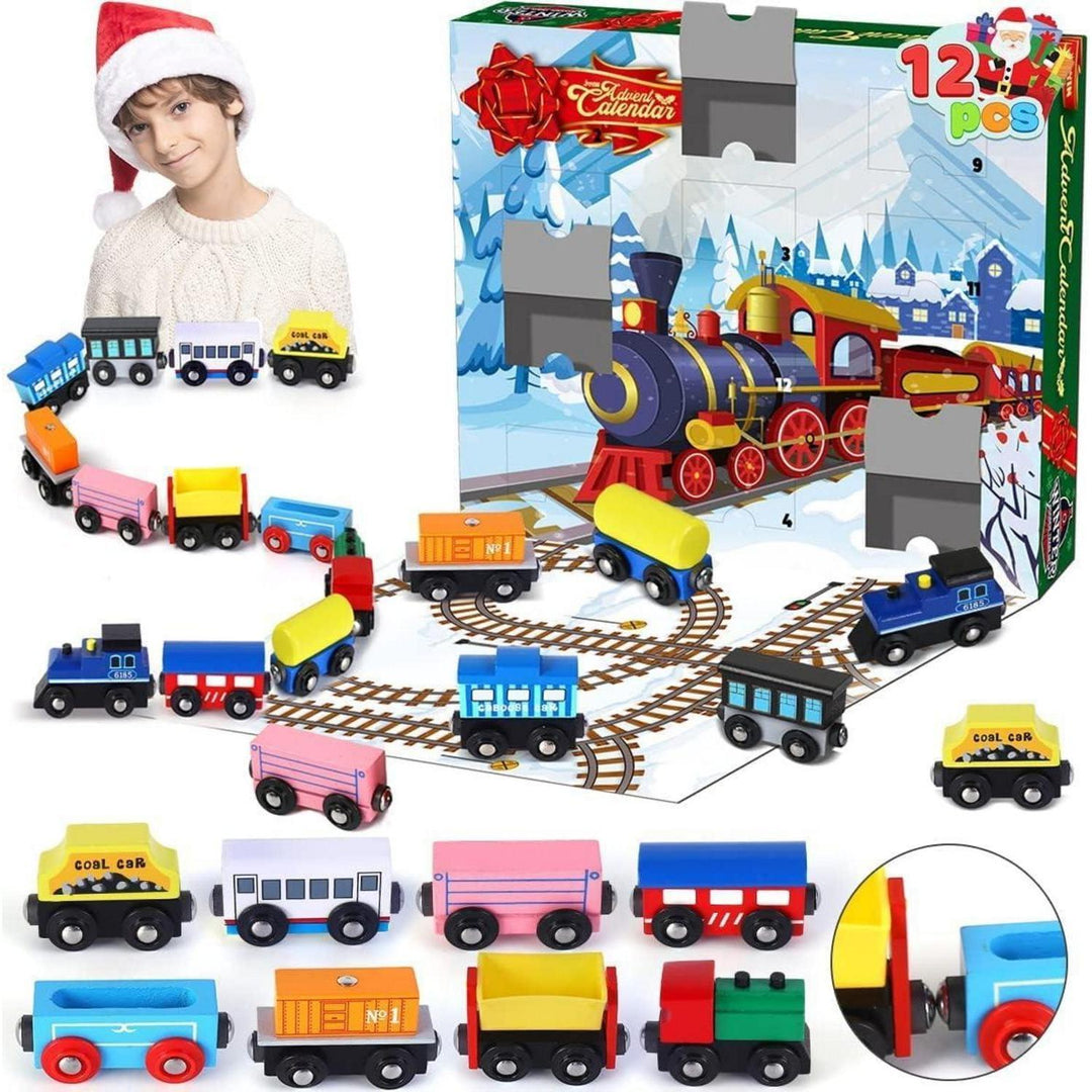 Adventskalender für Kinder 2026 | 12 Tage mit Holz-Eisenbahnwaggons, Magnetverbindung und Rückziehfunktion zum Spielen