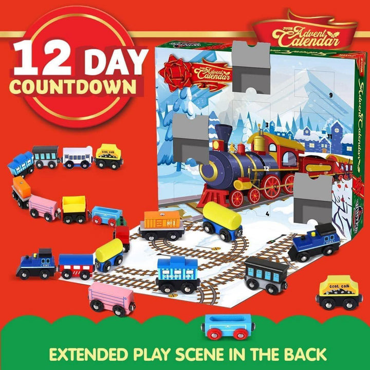 Adventskalender für Kinder 2026 | 12 Tage mit Holz-Eisenbahnwaggons, Magnetverbindung und Rückziehfunktion zum Spielen