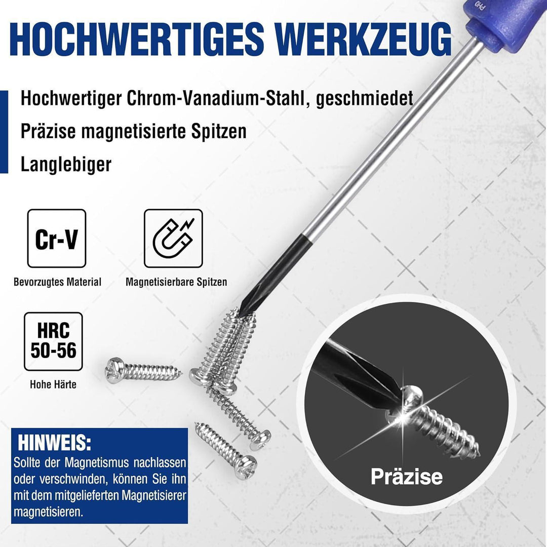 Mini Schraubendreher Set 10-teilig | Präzisions Schraubendreher mit Schlitz, Kreuz und Torx, Magnetisierer und Aufbewahrungstasche
