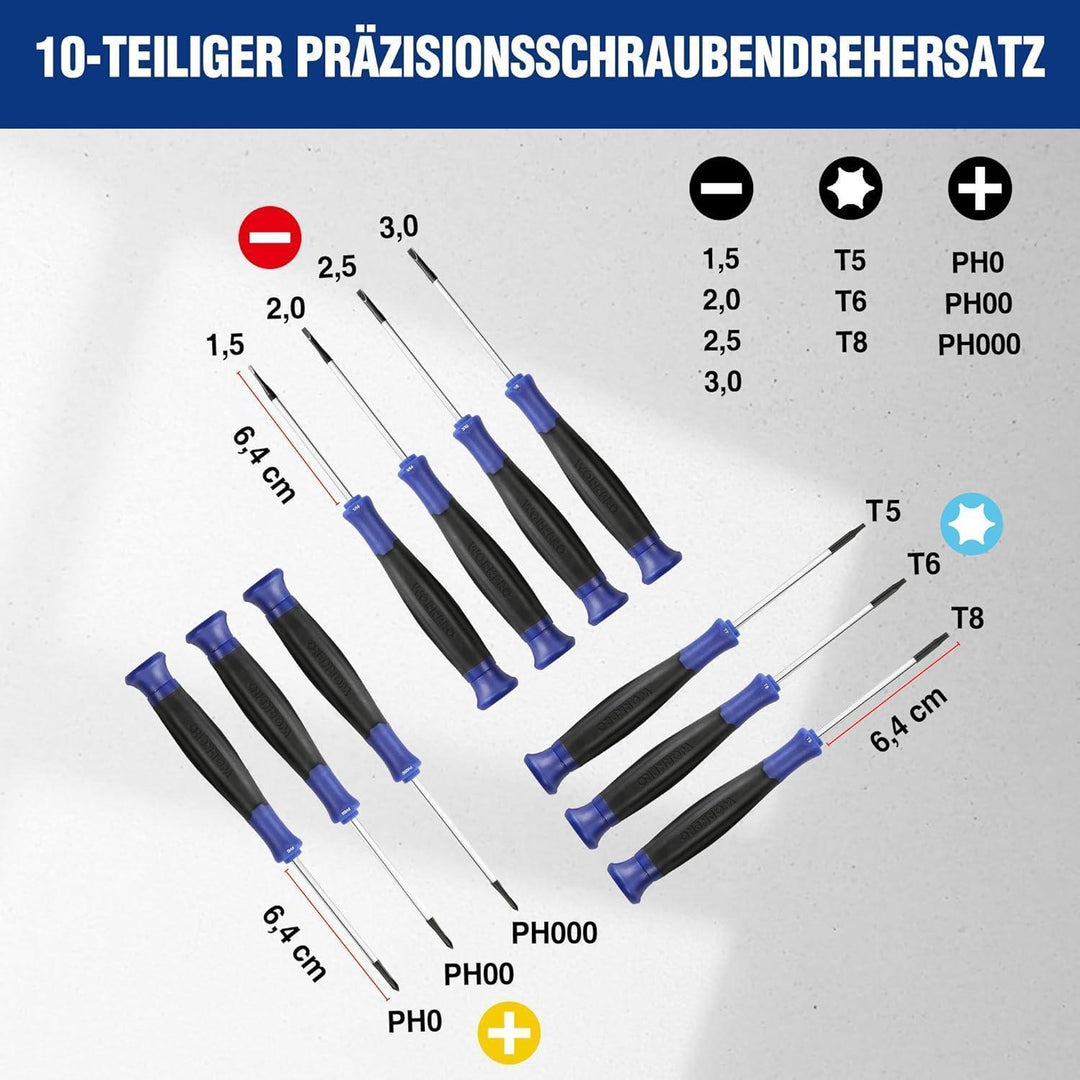 Mini Schraubendreher Set 10-teilig | Präzisions Schraubendreher mit Schlitz, Kreuz und Torx, Magnetisierer und Aufbewahrungstasche