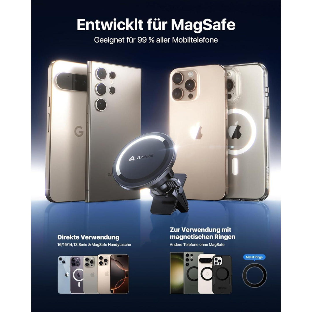 MagSafe Handyhalterung Auto mit 20 N55-Magneten | Magnetische Smartphone-Halterung für Lüftungsschlitze mit 360° Drehung und Metallring