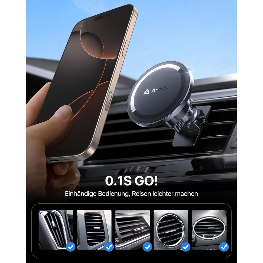 MagSafe Handyhalterung Auto mit 20 N55-Magneten | Magnetische Smartphone-Halterung für Lüftungsschlitze mit 360° Drehung und Metallring