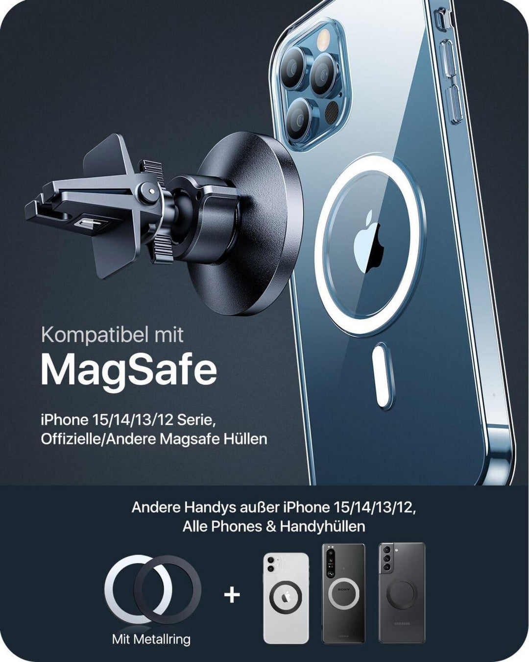 MagSafe Handyhalterung Auto mit 20 N55-Magneten | Magnetische Smartphone-Halterung für Lüftungsschlitze mit 360° Drehung und Metallring