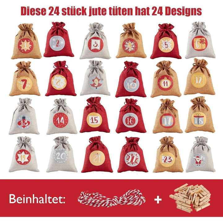 Adventskalender zum Befüllen mit 24 Jutesäckchen | Wiederverwendbare Geschenksäckchen 12 x 16 cm in Rot-Grau mit Zahlen und Aufhängeschnur