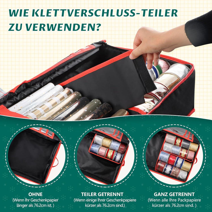 Geschenkpapier Aufbewahrungstasche | Organizer für 18–24 Geschenkpapierrollen mit 6 Fächern, Reißverschluss und Tragegriffen