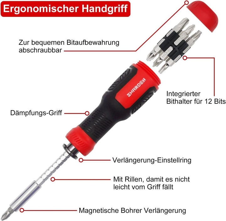 Multibit Schraubendreher 13-in-1 | Magnetischer Bithalter mit 12 Wechselbits, Teleskopschaft und Bitfach im Griff für Reparaturen