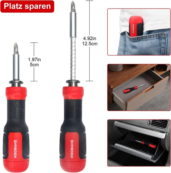 Multibit Schraubendreher 13-in-1 | Magnetischer Bithalter mit 12 Wechselbits, Teleskopschaft und Bitfach im Griff für Reparaturen