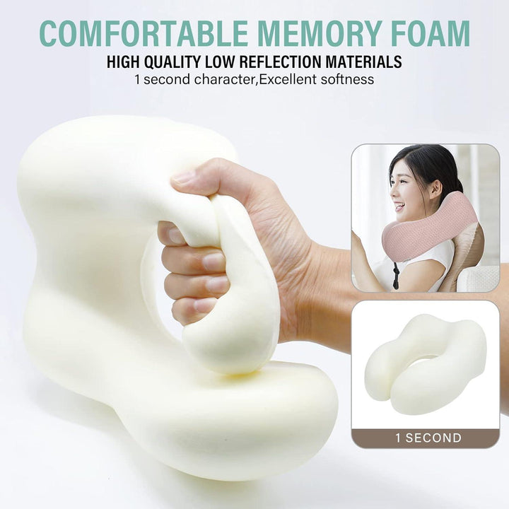 Nackenkissen Memory Foam Rosa für Flugzeug und Auto | Ergonomisches Reisekissen mit samtweichem, waschbarem Bezug und Tragetasche