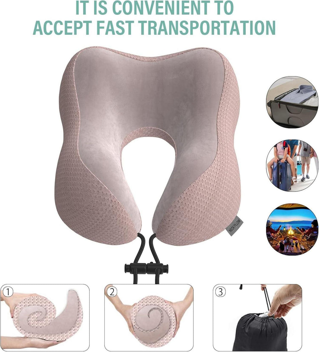 Nackenkissen Memory Foam Rosa für Flugzeug und Auto | Ergonomisches Reisekissen mit samtweichem, waschbarem Bezug und Tragetasche