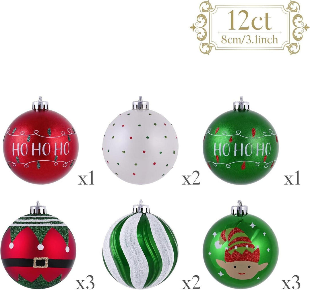 Weihnachtskugeln 12er Set 8 cm bruchsicher | Christbaumkugeln in Rot, Grün und Weiß mit 6 Designs und Aufhängeschnur für innen und außen