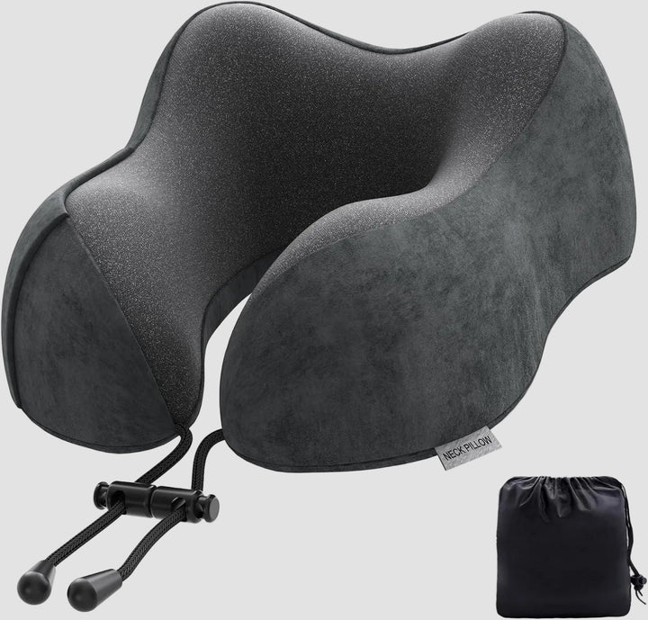 Nackenkissen Memory Foam für Flugzeug und Auto | Ergonomisches Reisekissen in Dunkelgrau mit waschbarem Samtbezug und Tragetasche