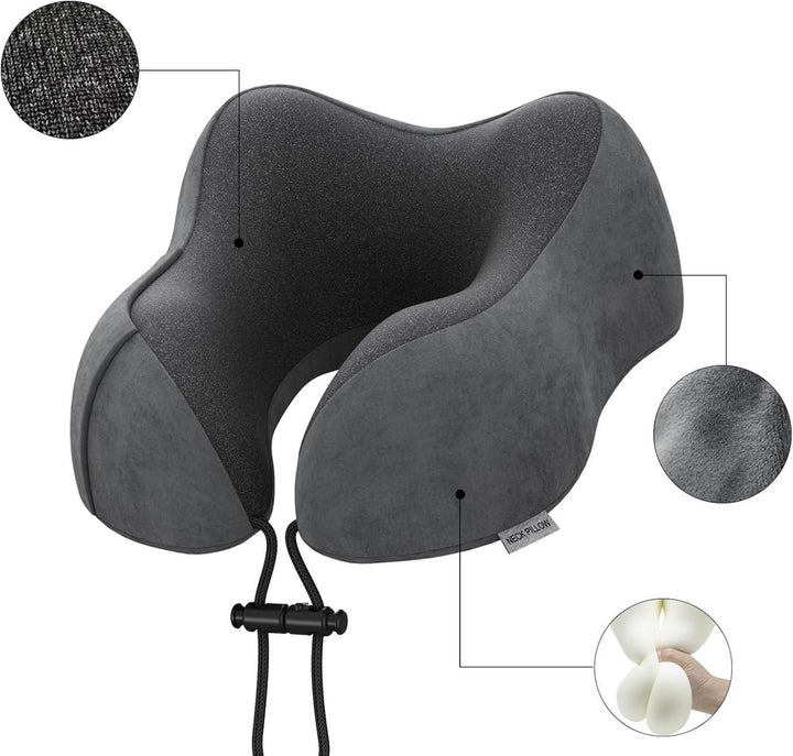 Nackenkissen Memory Foam für Flugzeug und Auto | Ergonomisches Reisekissen in Dunkelgrau mit waschbarem Samtbezug und Tragetasche