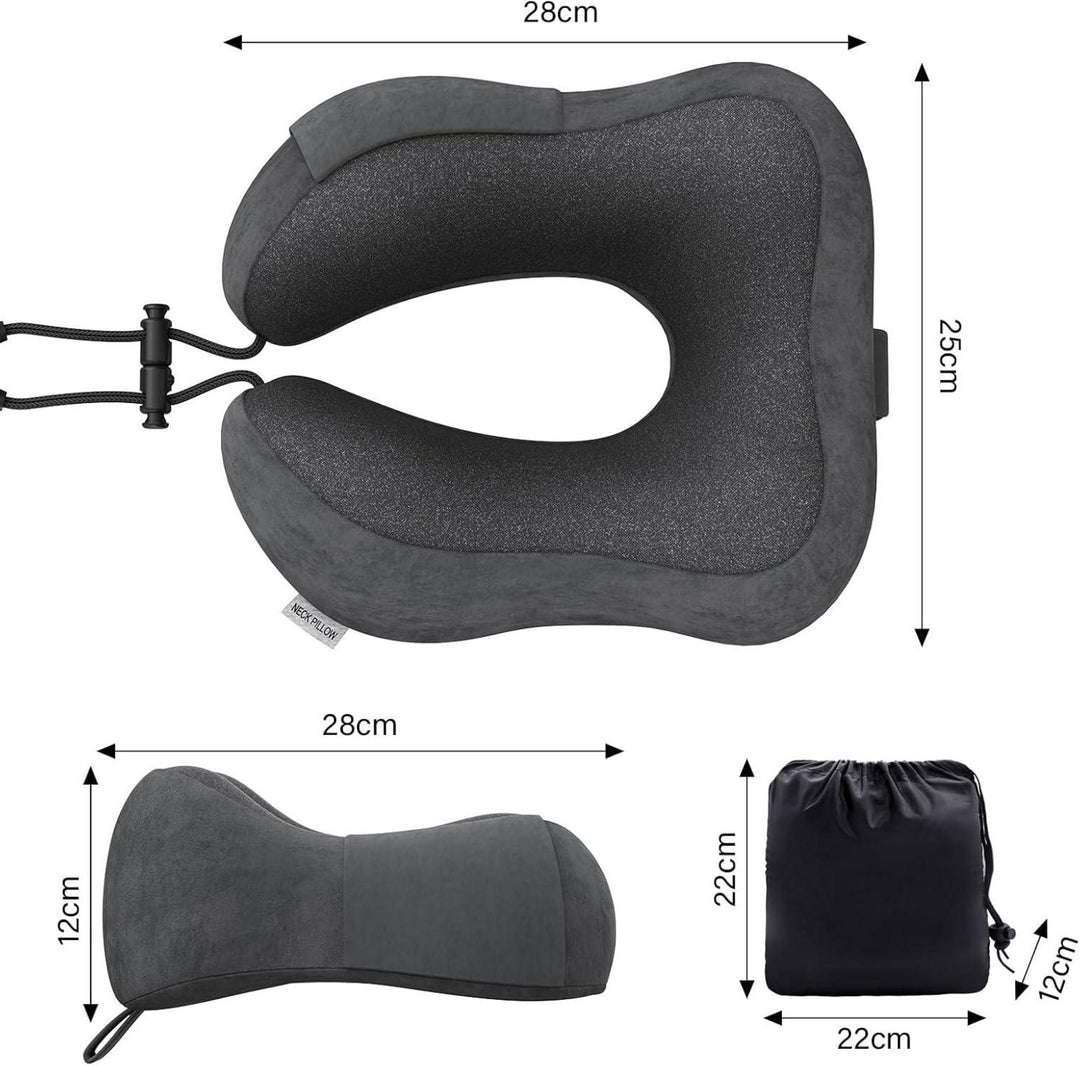 Nackenkissen Memory Foam für Flugzeug und Auto | Ergonomisches Reisekissen in Dunkelgrau mit waschbarem Samtbezug und Tragetasche