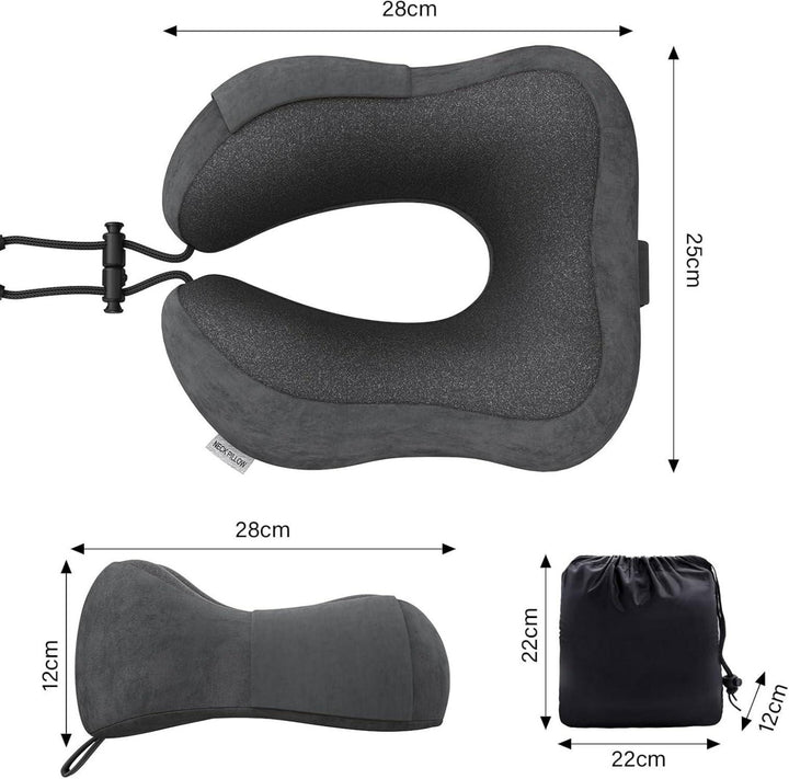 Nackenkissen Memory Foam für Flugzeug und Auto | Ergonomisches Reisekissen in Dunkelgrau mit waschbarem Samtbezug und Tragetasche