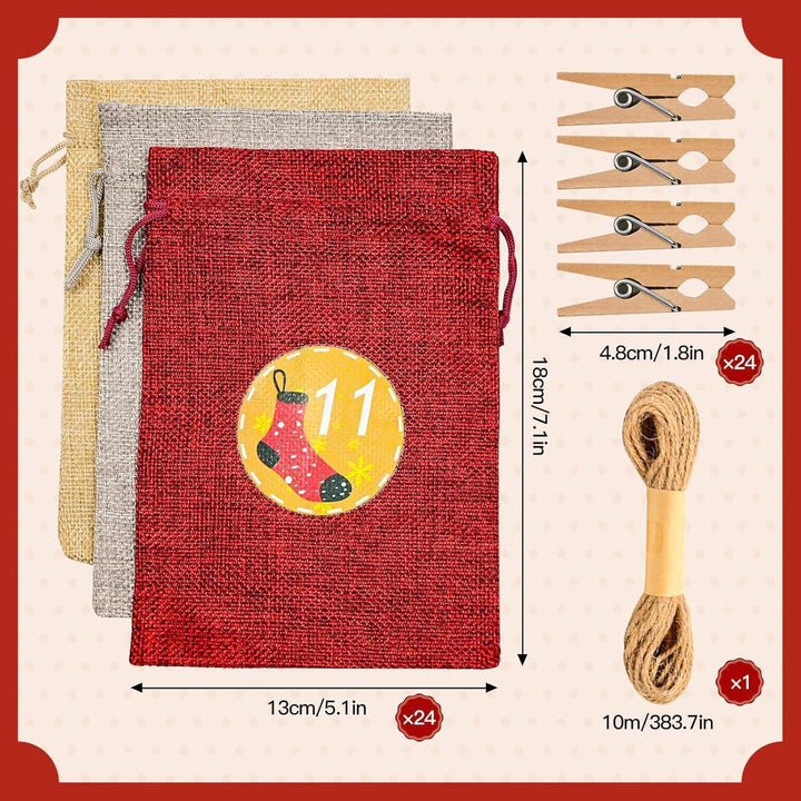 Adventskalender zum Befüllen mit 24 Jute-Stoffbeuteln | Große Weihnachtssäckchen 18 x 13 cm mit Holzklammern und 10 m Hanfseil