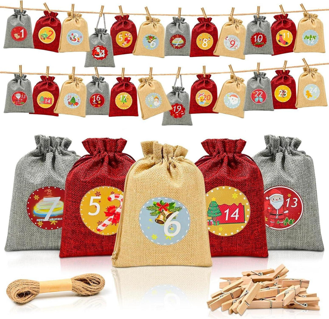 Adventskalender zum Befüllen mit 24 Jute-Stoffbeuteln | Große Weihnachtssäckchen 18 x 13 cm mit Holzklammern und 10 m Hanfseil