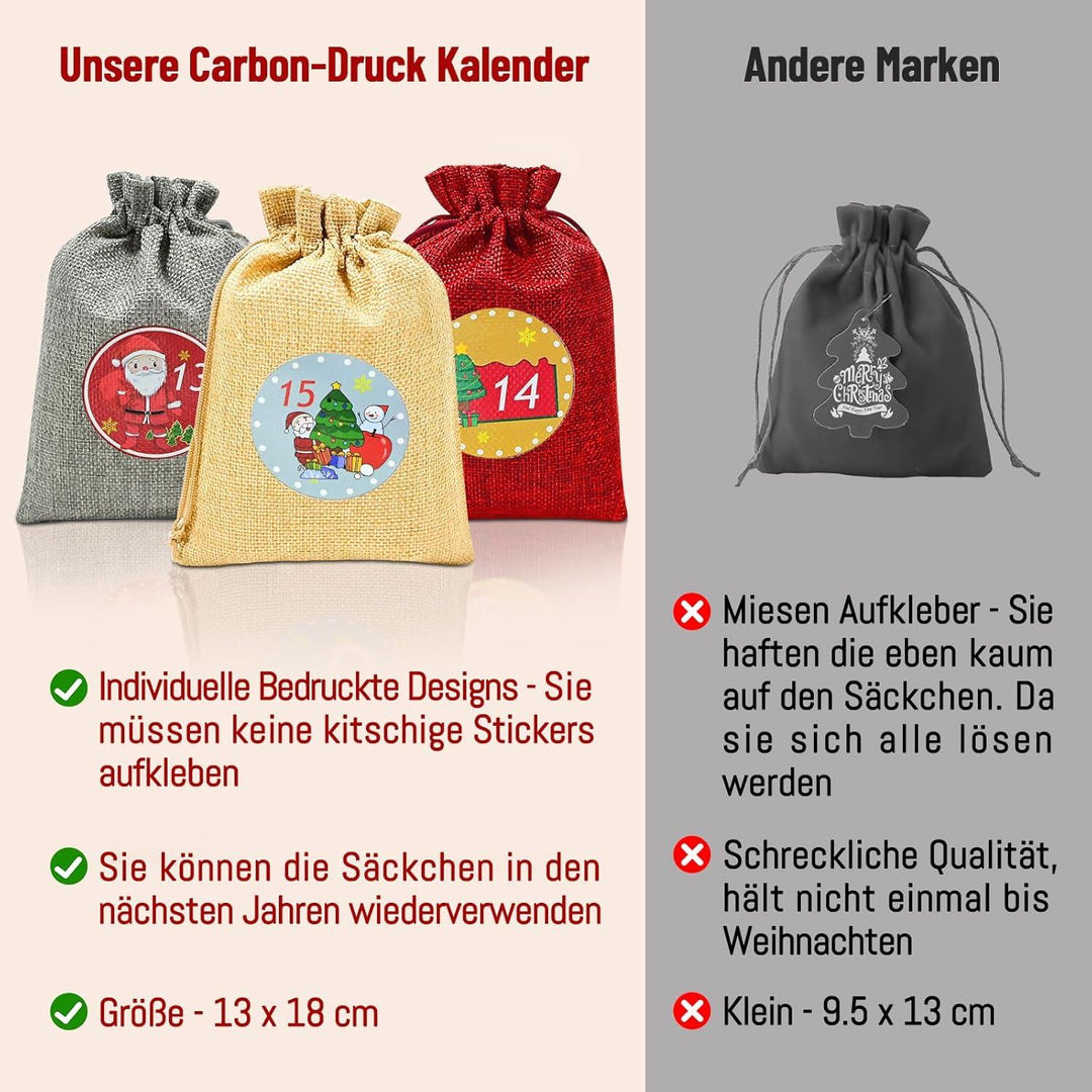 Adventskalender zum Befüllen mit 24 Jute-Stoffbeuteln | Große Weihnachtssäckchen 18 x 13 cm mit Holzklammern und 10 m Hanfseil