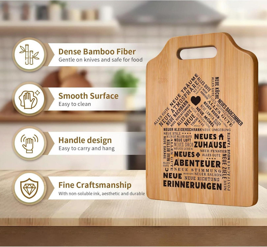 Bambus Schneidebrett als Einzugsgeschenk | Dekoratives Küchenbrett mit Hausmotiv und praktischem Griff zur Wohnungseinweihung