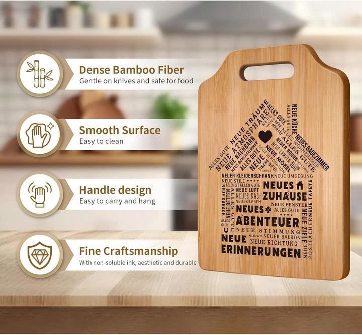 Bambus Schneidebrett als Einzugsgeschenk | Dekoratives Küchenbrett mit Hausmotiv und praktischem Griff zur Wohnungseinweihung