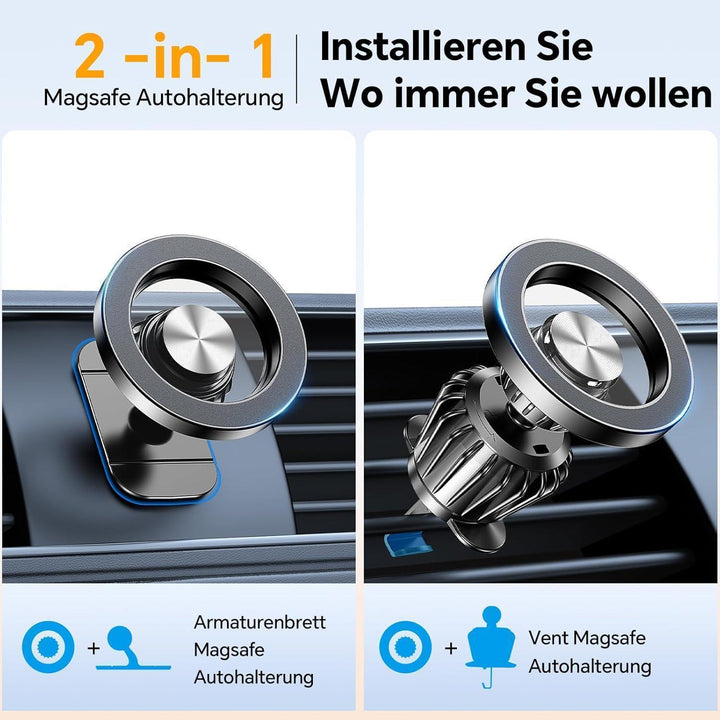 MagSafe Handyhalterung Auto mit 20 N55-Magneten | 360° drehbar für iPhone 17–13, mit Lüftungsklemme und Armaturenbrett-Befestigung