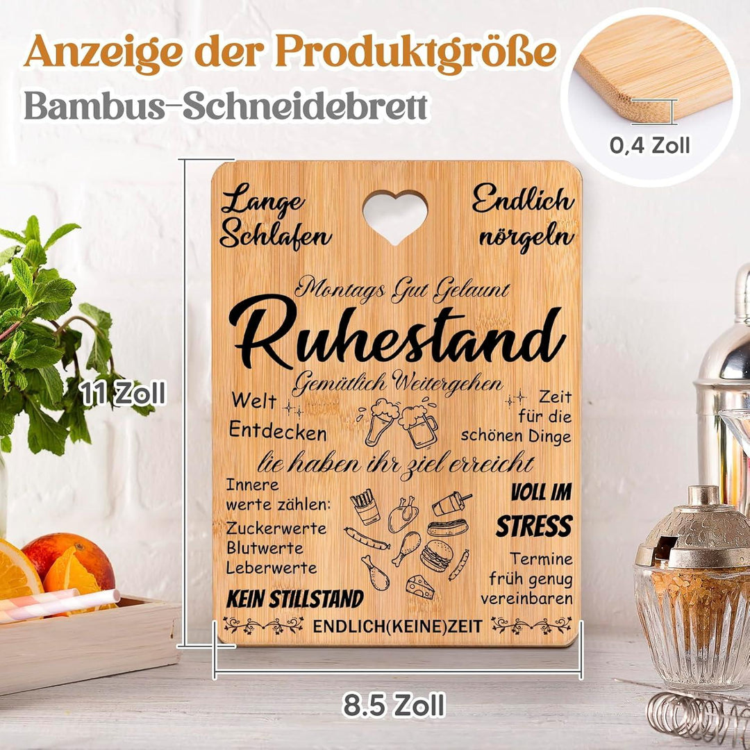 Ruhestand Geschenk Schneidebrett | Graviertes Bambusbrett mit Spruch und Tragegriff als Abschiedsgeschenk für Kollegen und Familie
