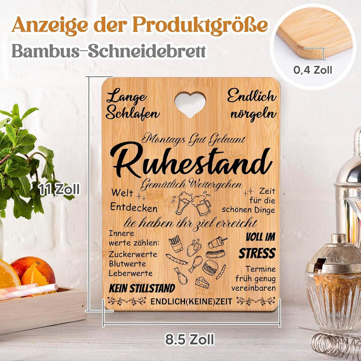 Ruhestand Geschenk Schneidebrett | Graviertes Bambusbrett mit Spruch und Tragegriff als Abschiedsgeschenk für Kollegen und Familie
