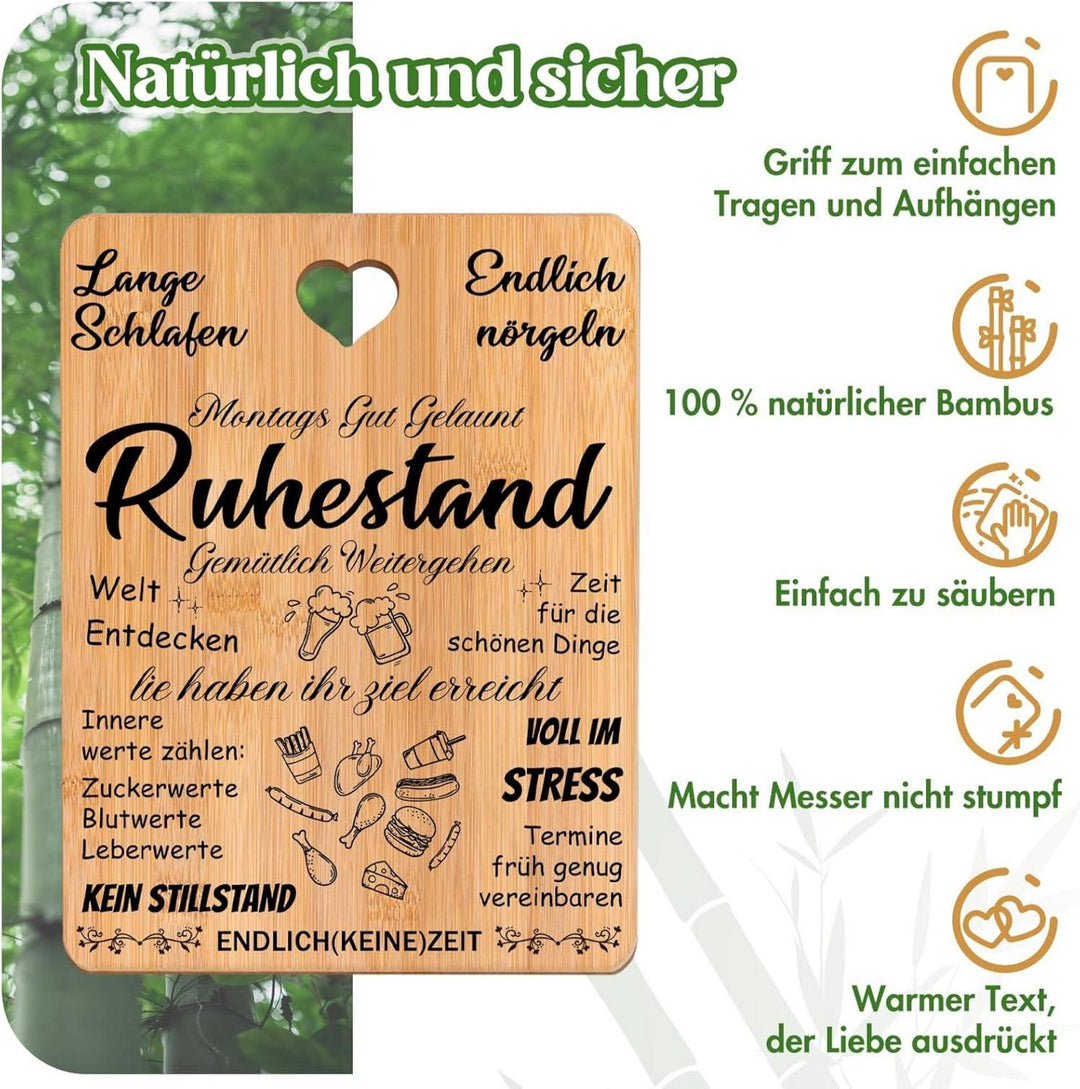 Ruhestand Geschenk Schneidebrett | Graviertes Bambusbrett mit Spruch und Tragegriff als Abschiedsgeschenk für Kollegen und Familie