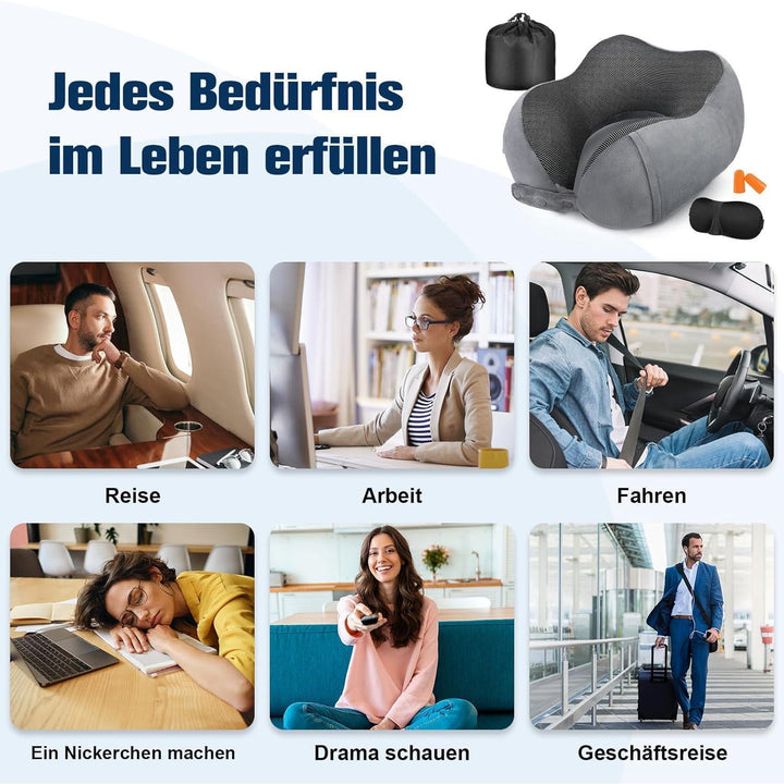 Nackenkissen Memory Foam Grau für Flugzeug und Auto | Verstellbares Reisekissen mit Flachrücken, waschbarem Bezug und Reiseset