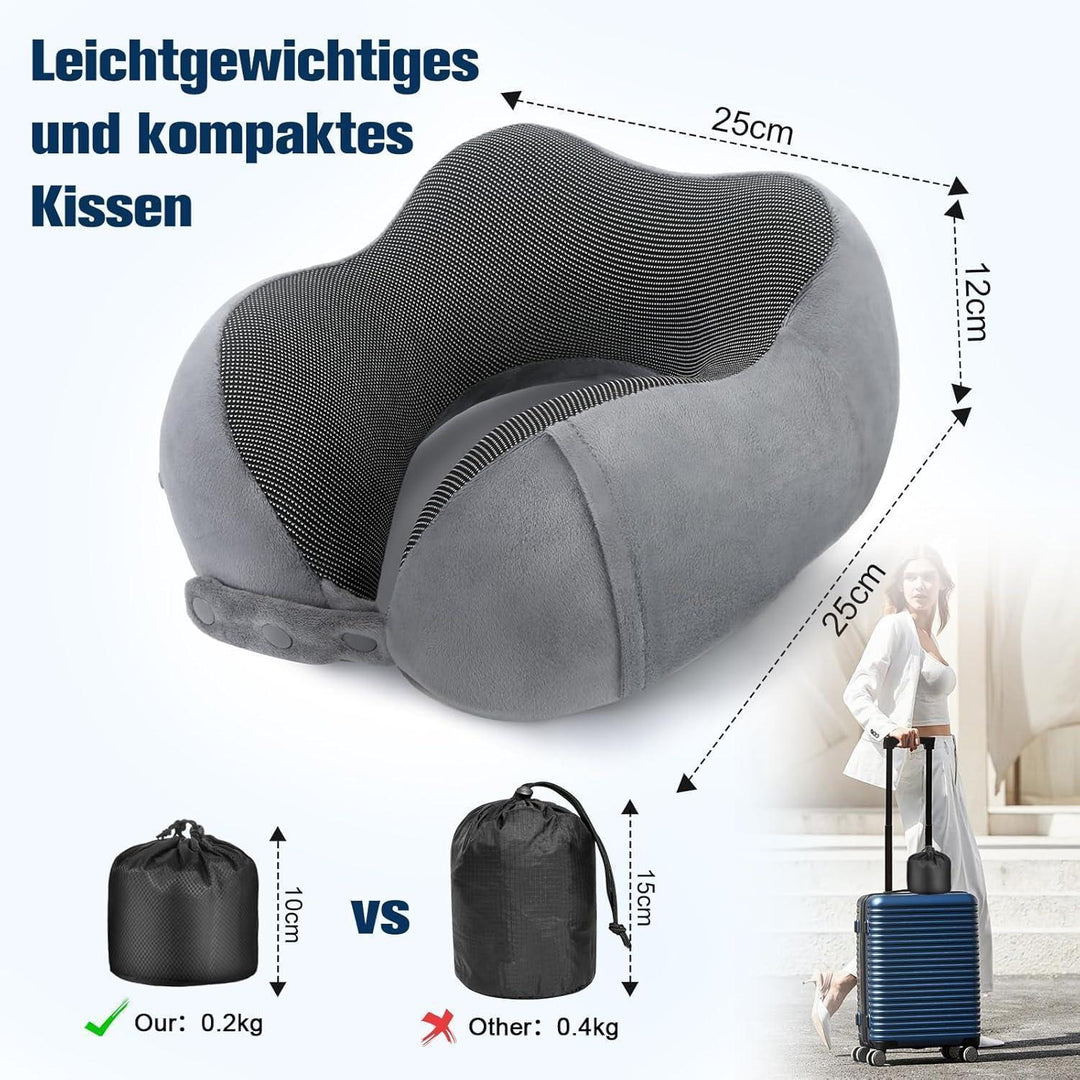 Nackenkissen Memory Foam Grau für Flugzeug und Auto | Verstellbares Reisekissen mit Flachrücken, waschbarem Bezug und Reiseset