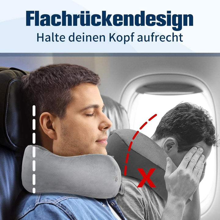 Nackenkissen Memory Foam Grau für Flugzeug und Auto | Verstellbares Reisekissen mit Flachrücken, waschbarem Bezug und Reiseset