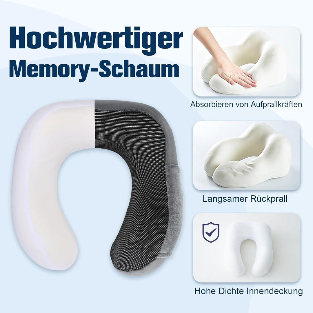Nackenkissen Memory Foam Grau für Flugzeug und Auto | Verstellbares Reisekissen mit Flachrücken, waschbarem Bezug und Reiseset