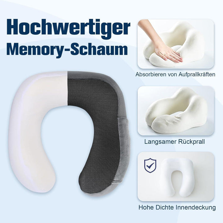 Nackenkissen Memory Foam Grau für Flugzeug und Auto | Verstellbares Reisekissen mit Flachrücken, waschbarem Bezug und Reiseset
