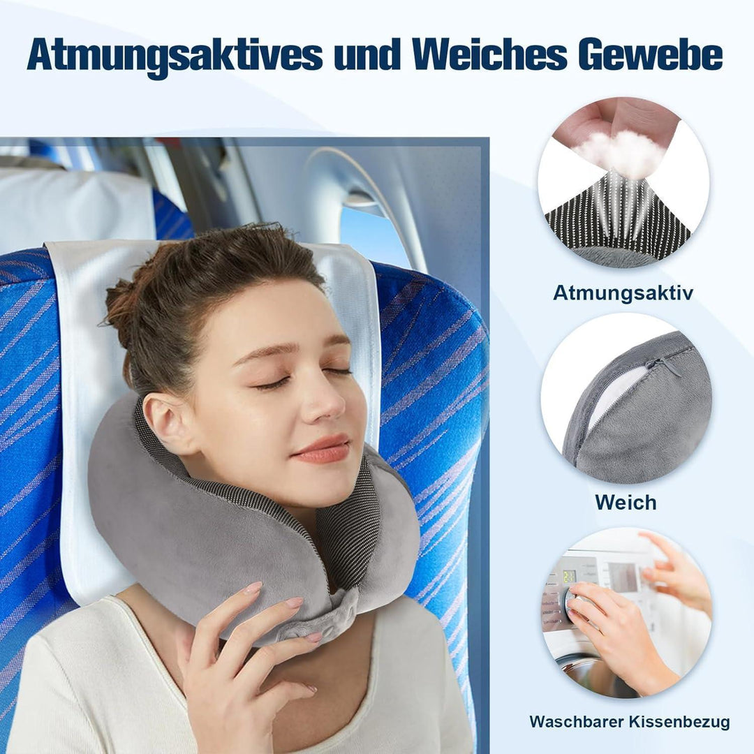 Nackenkissen Memory Foam Grau für Flugzeug und Auto | Verstellbares Reisekissen mit Flachrücken, waschbarem Bezug und Reiseset