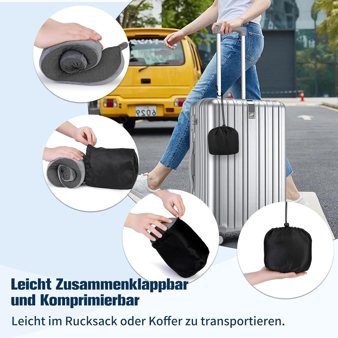 Nackenkissen Memory Foam Grau für Flugzeug und Auto | Verstellbares Reisekissen mit Flachrücken, waschbarem Bezug und Reiseset