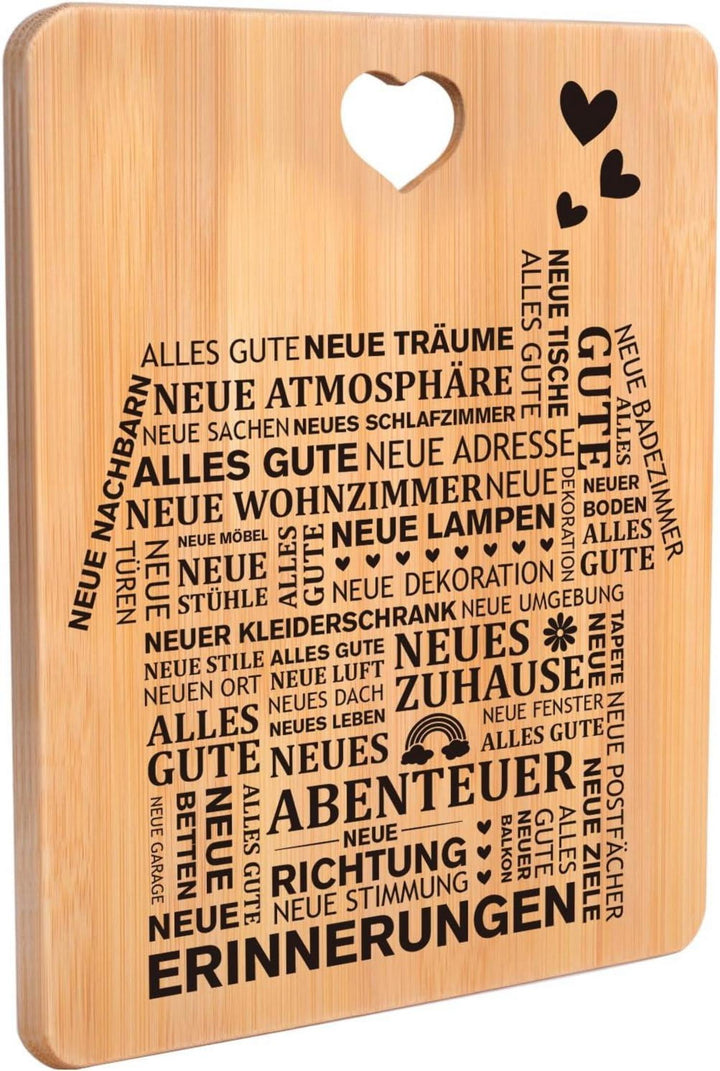 Einzugsgeschenk Schneidebrett | Graviertes Bambusbrett mit Hausmotiv, Glückwünschen und praktischem Griff für die Einweihungsfeier